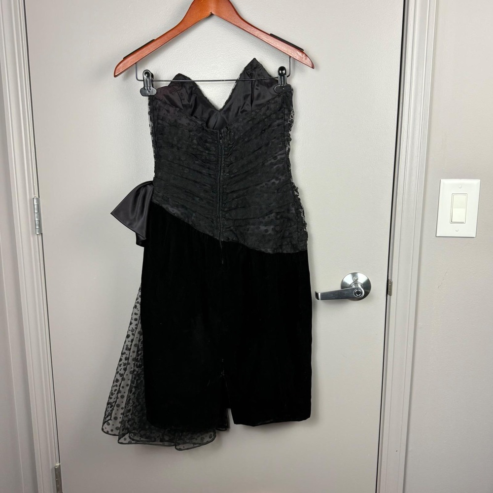 Vintage 1960s Morton Myles Black Velvet Cocktail Dress Flocked Polka Dot Bow Sz4 - Picture 7 of 10